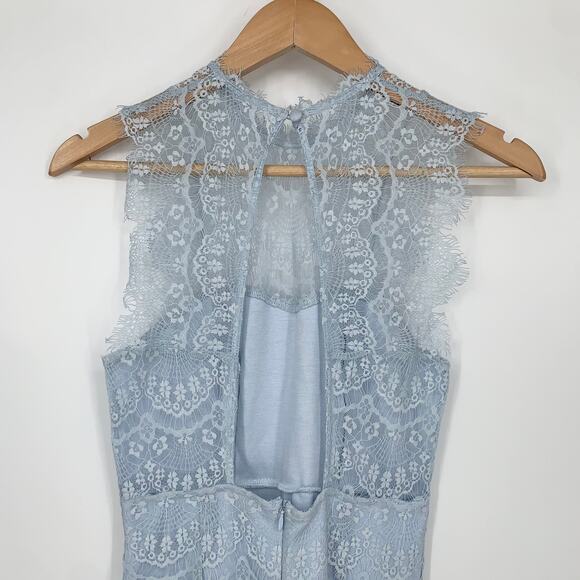 NWT Bardot Braxton Lace Mini Dress in Baby Blue Bodycon Cutout Mock Neck Dress - Picture 9 of 14